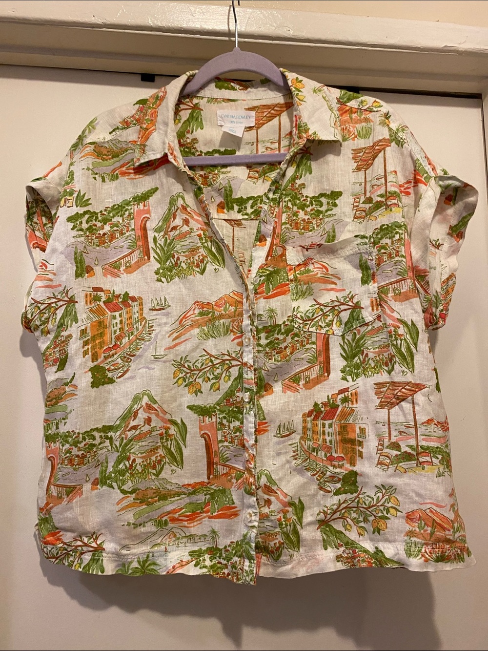 Cynthia Rowley White Button-Up Shirt with Green & Orange Tropical Print